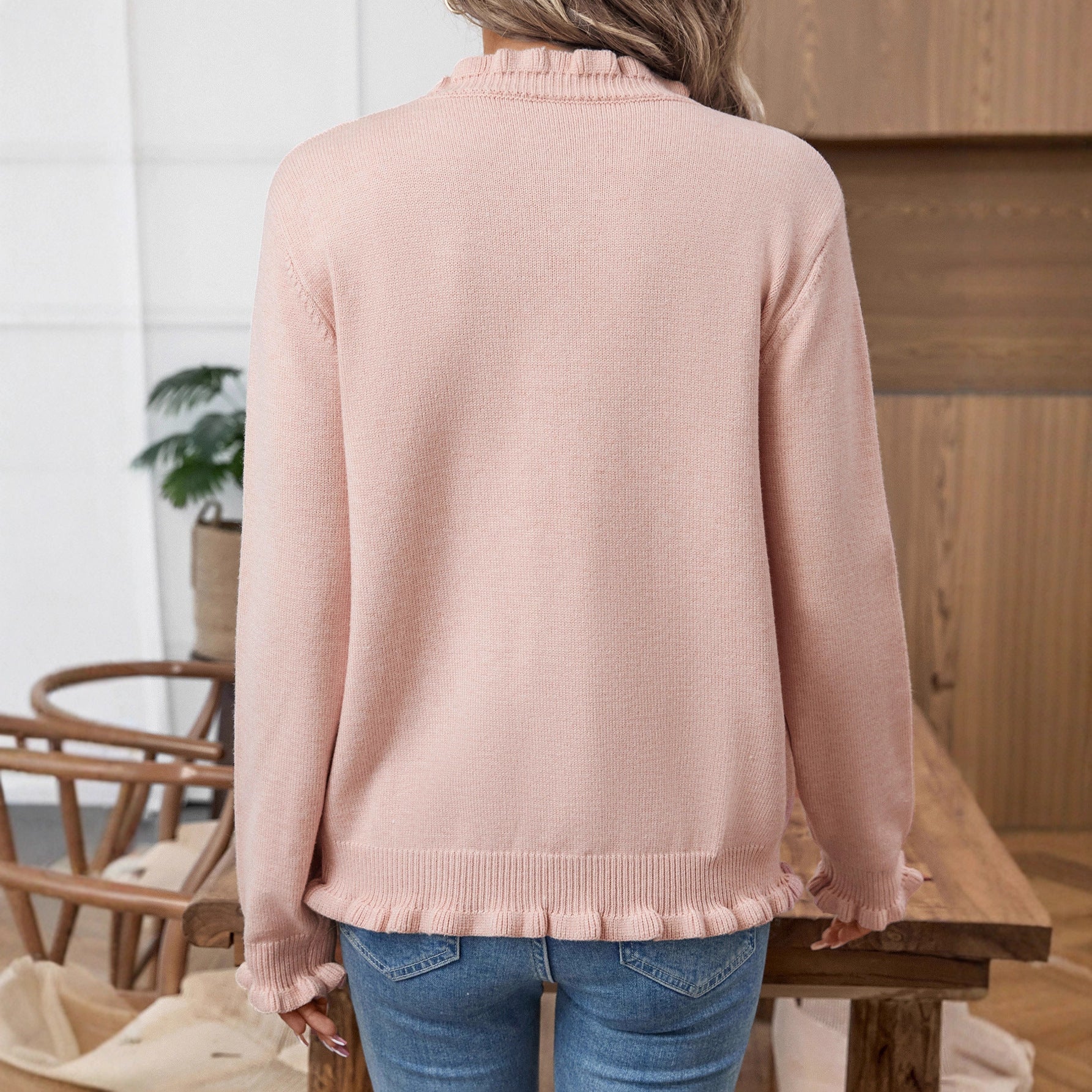 Women's Ruffled Cardigan Sweater with Gathered Design for Cozy Comfort