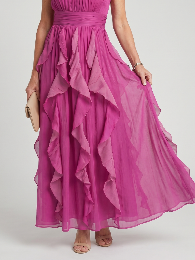 Women's Ruffled Maxi Dress with Backless Neckline