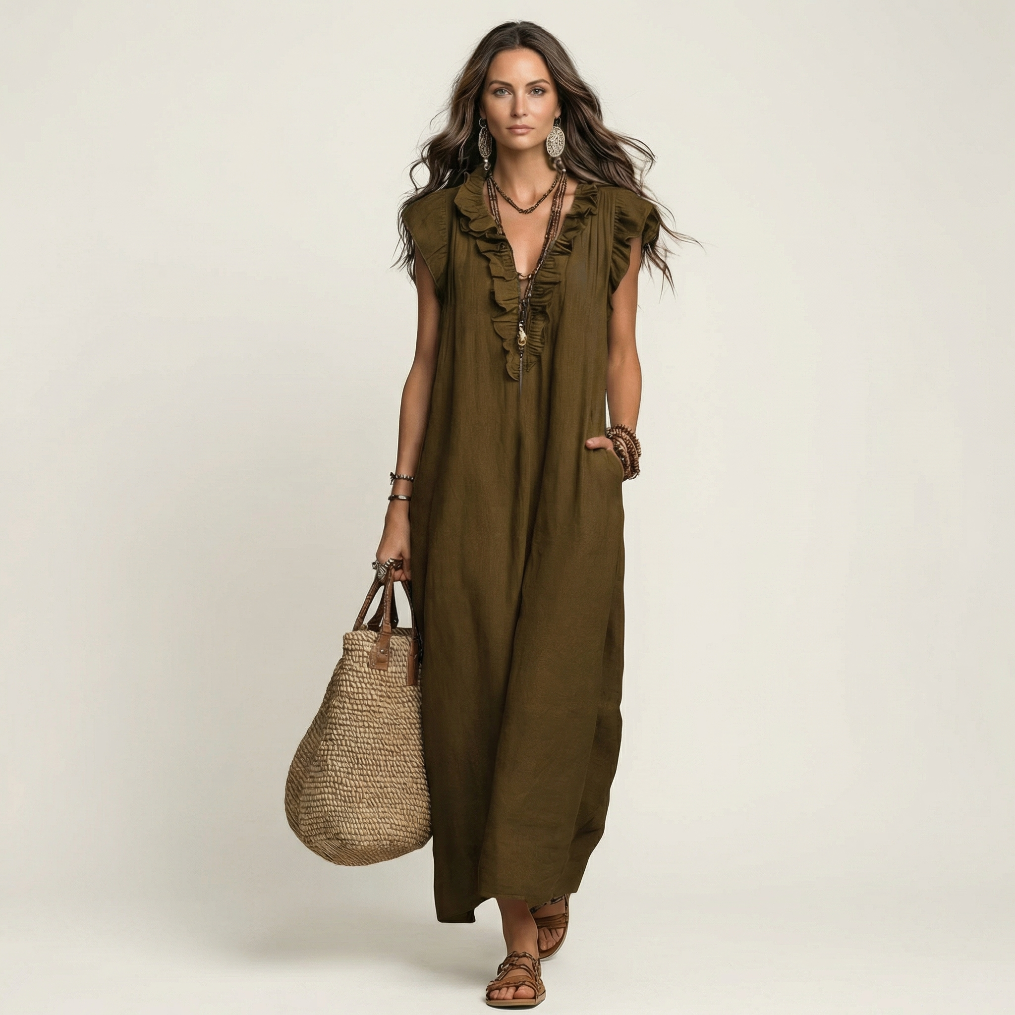 Women's Ruffled Midi Dress with Flowy Silhouette