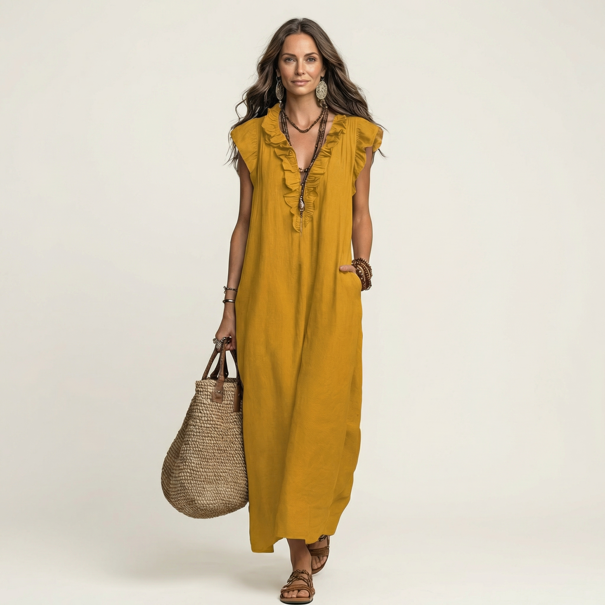 Women's Ruffled Midi Dress with Flowy Silhouette