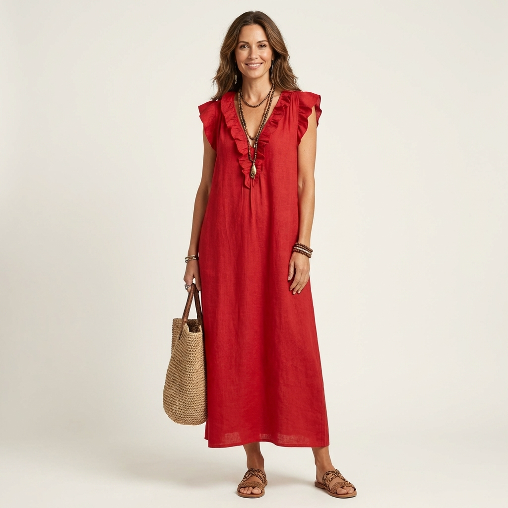 Women's Ruffled Midi Dress with Flowy Silhouette