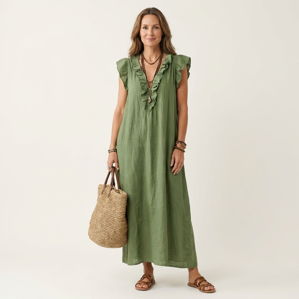 Women's Ruffled Midi Dress with Flowy Silhouette