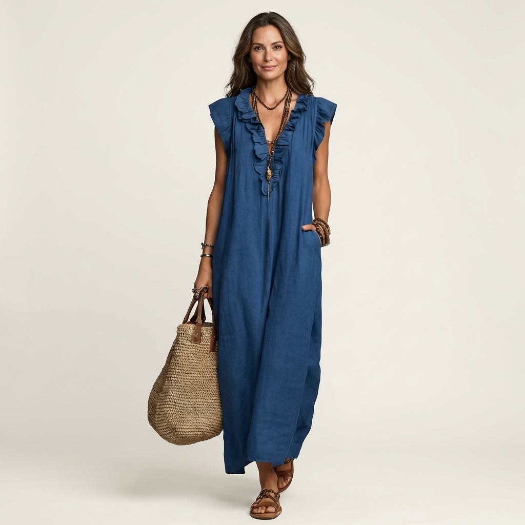 Women's Ruffled Midi Dress with Flowy Silhouette