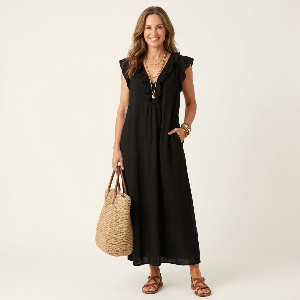 Women's Ruffled Midi Dress with Flowy Silhouette