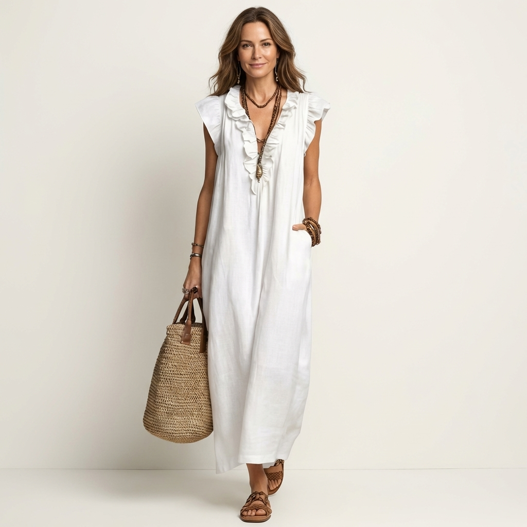 Women's Ruffled Midi Dress with Flowy Silhouette