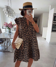 Women's Ruffled Sleeve Summer Dress with Trendy Leopard Print