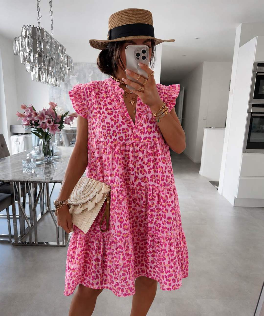 Women's Ruffled Sleeve Summer Dress with Trendy Leopard Print