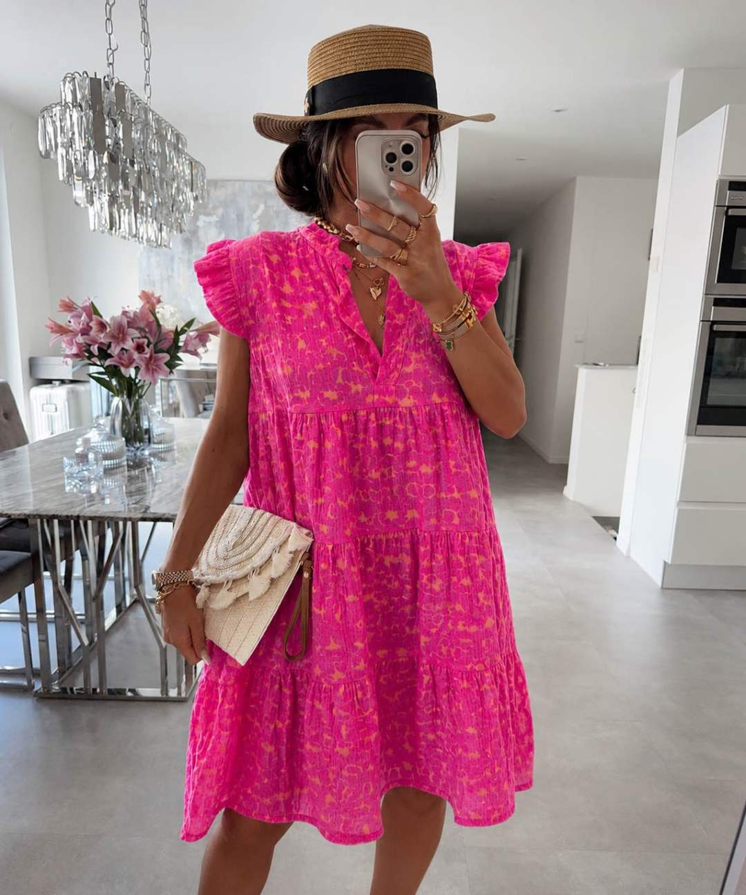 Women's Ruffled Sleeve Summer Dress with Trendy Leopard Print