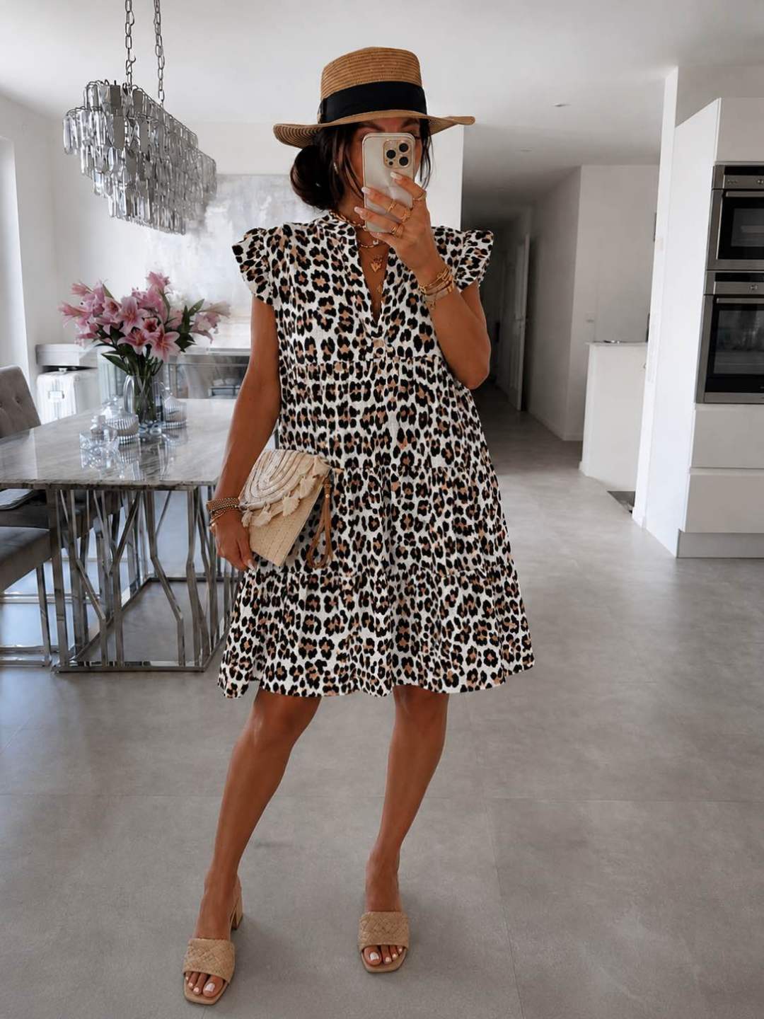 Women's Ruffled Sleeve Summer Dress with Trendy Leopard Print