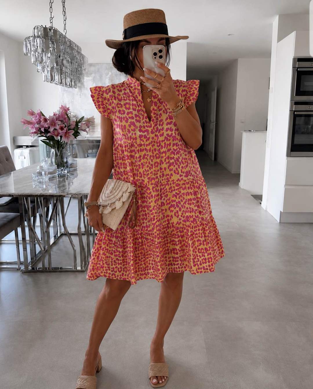Women's Ruffled Sleeve Summer Dress with Trendy Leopard Print