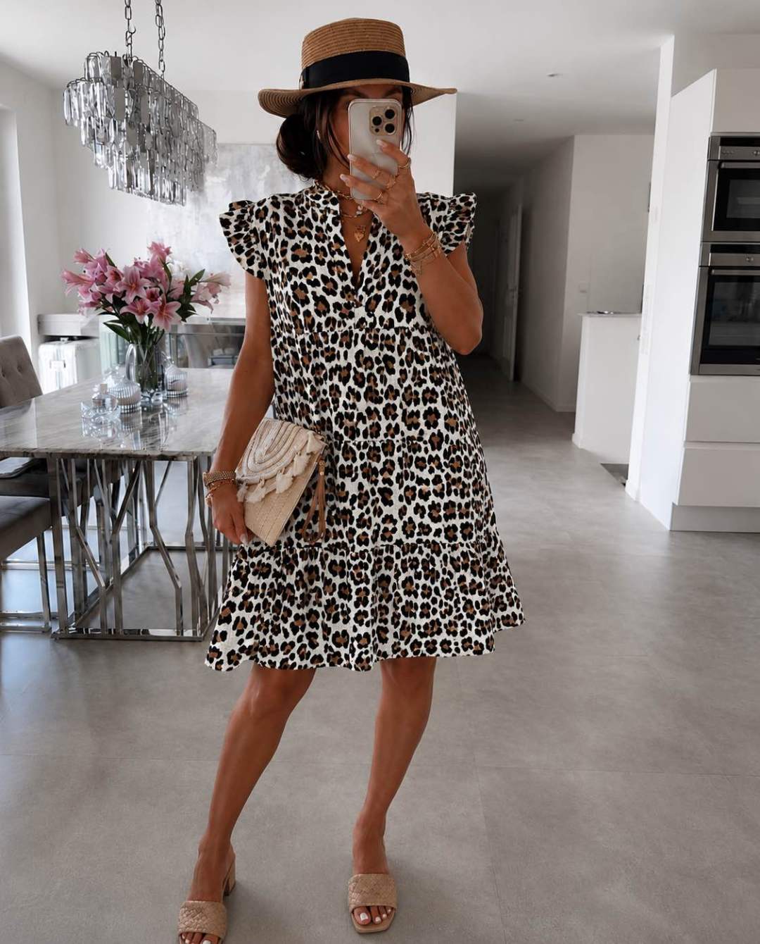 Women's Ruffled Sleeve Summer Dress with Trendy Leopard Print