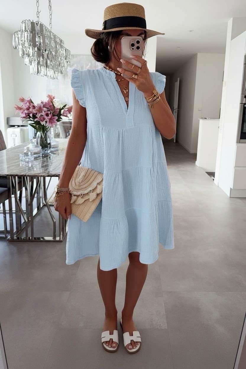 Women's Ruffled Sleeve Summer Dress with V-Neck