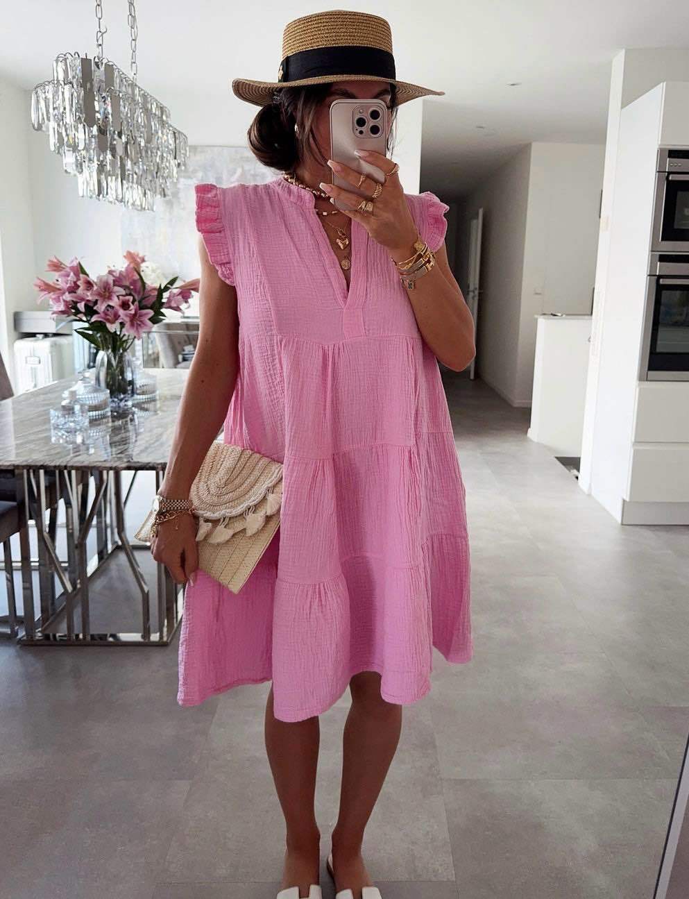 Women's Ruffled Sleeve Summer Dress with V-Neck