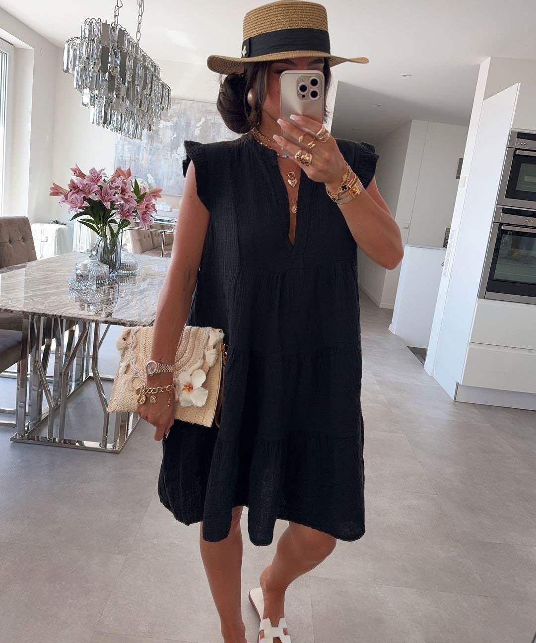 Women's Ruffled Sleeve Summer Dress with V-Neck