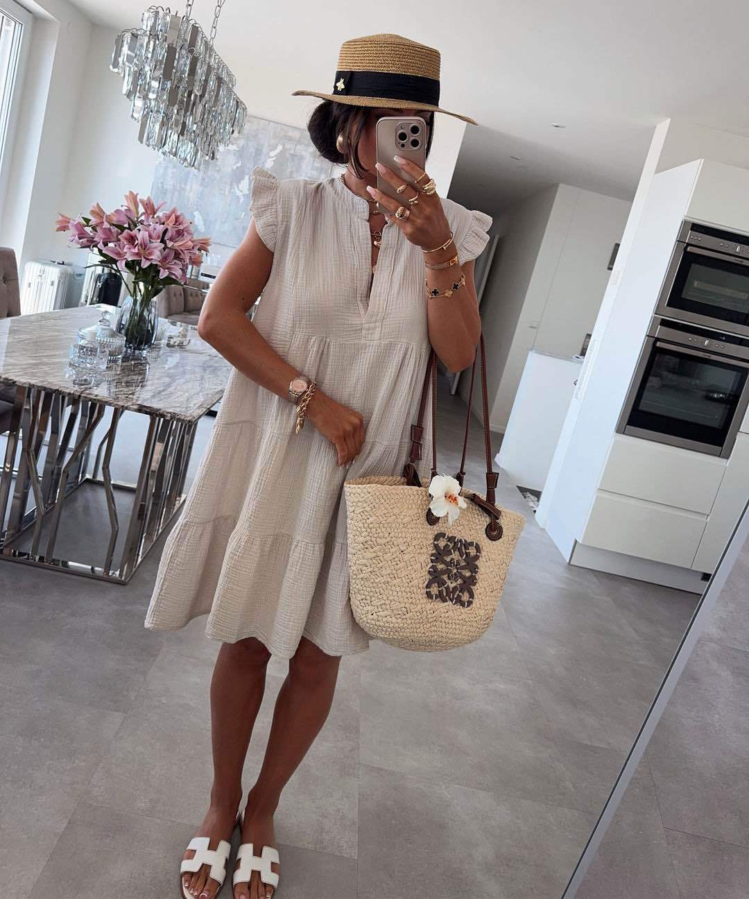 Women's Ruffled Sleeve Summer Dress with V-Neck