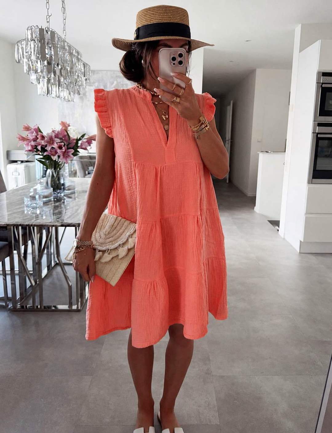 Women's Ruffled Sleeve Summer Dress with V-Neck