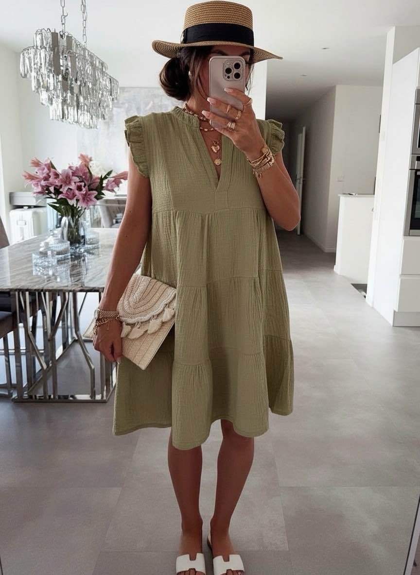 Women's Ruffled Sleeve Summer Dress with V-Neck