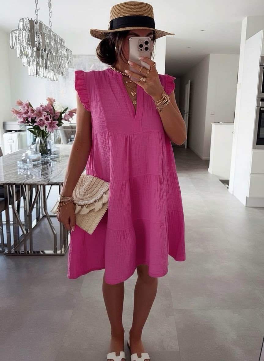 Women's Ruffled Sleeve Summer Dress with V-Neck