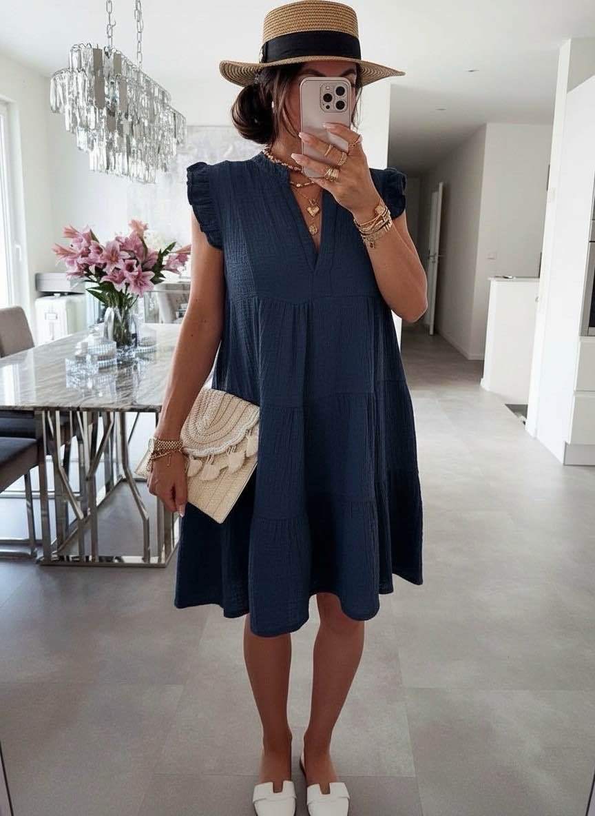 Women's Ruffled Sleeve Summer Dress with V-Neck