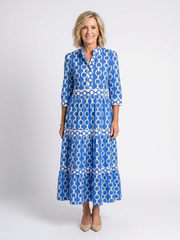 Women's Ruffled V-Neck Midi Dress with Three-Quarter Sleeves
