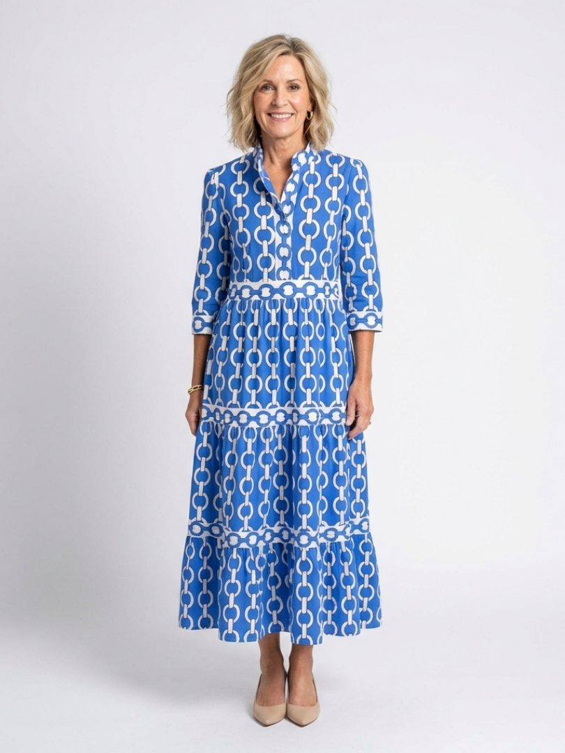 Women's Ruffled V-Neck Midi Dress with Three-Quarter Sleeves