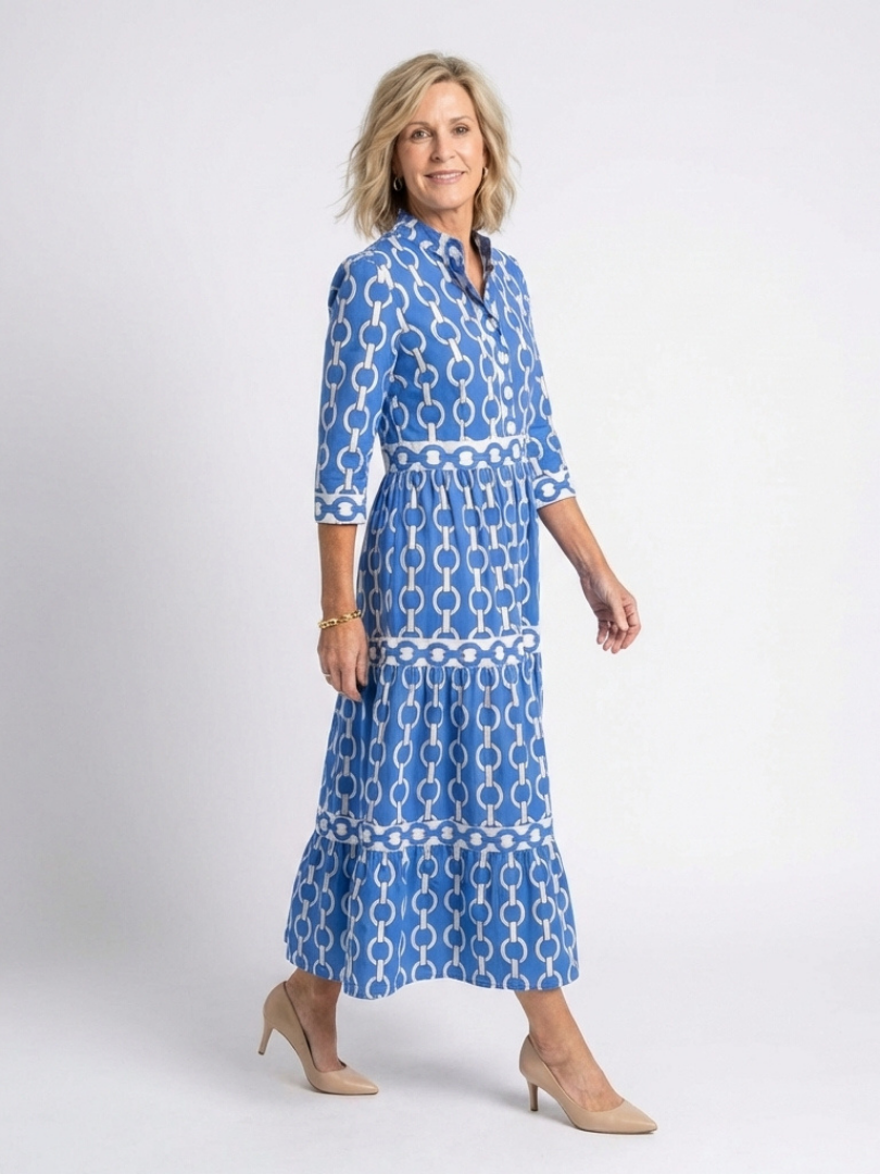 Women's Ruffled V-Neck Midi Dress with Three-Quarter Sleeves