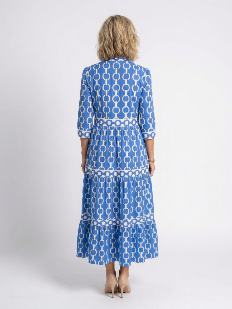 Women's Ruffled V-Neck Midi Dress with Three-Quarter Sleeves