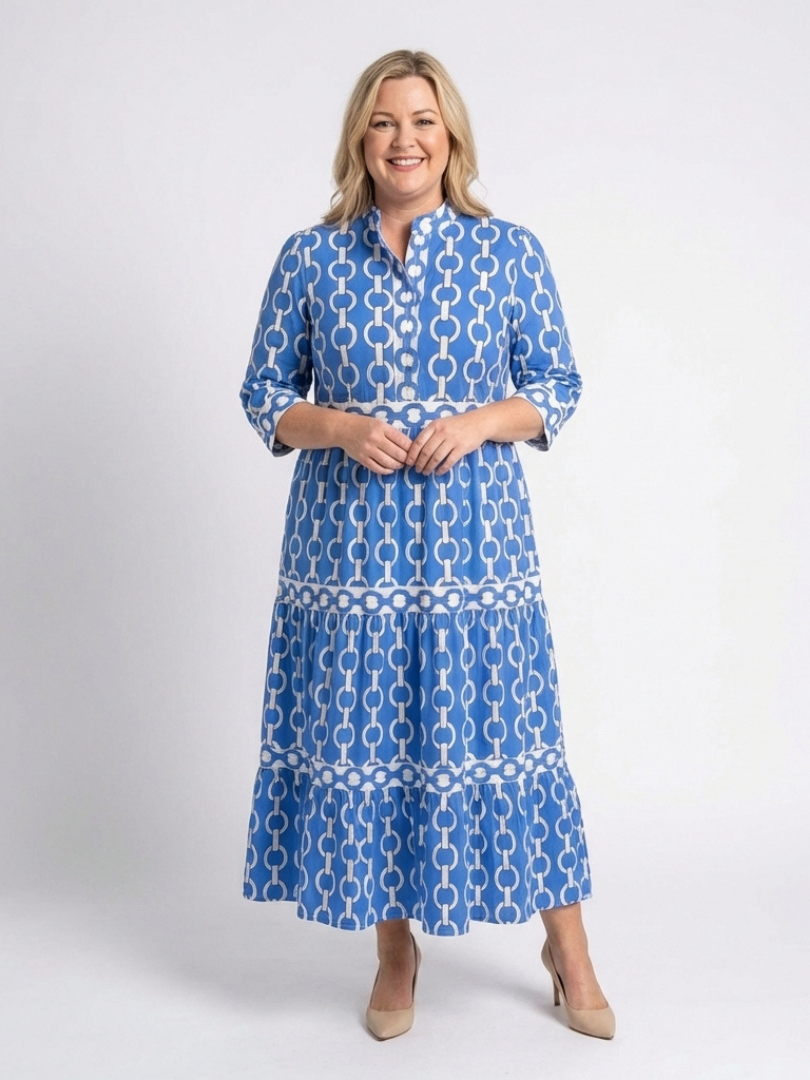 Women's Ruffled V-Neck Midi Dress with Three-Quarter Sleeves