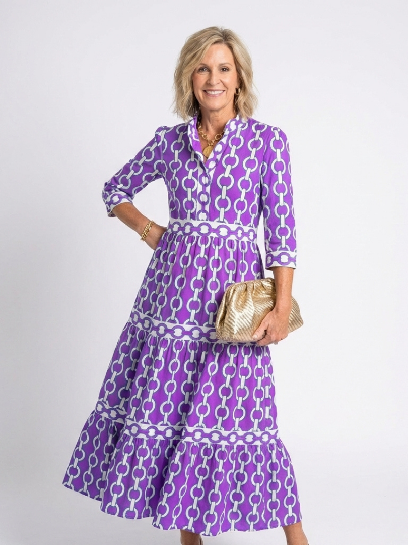 Women's Ruffled V-Neck Midi Dress with Three-Quarter Sleeves