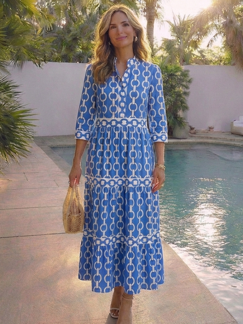Women's Ruffled V-Neck Midi Dress with Three-Quarter Sleeves