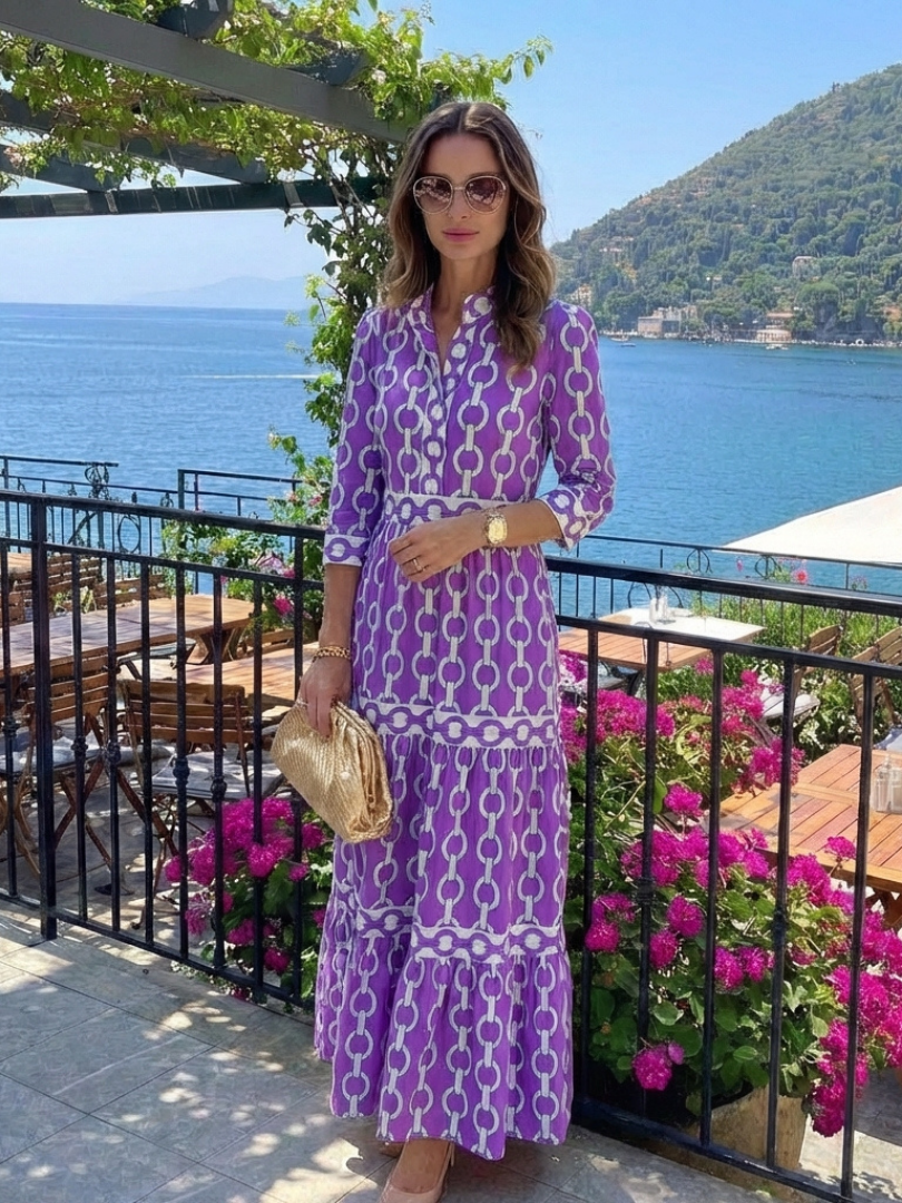 Women's Ruffled V-Neck Midi Dress with Three-Quarter Sleeves