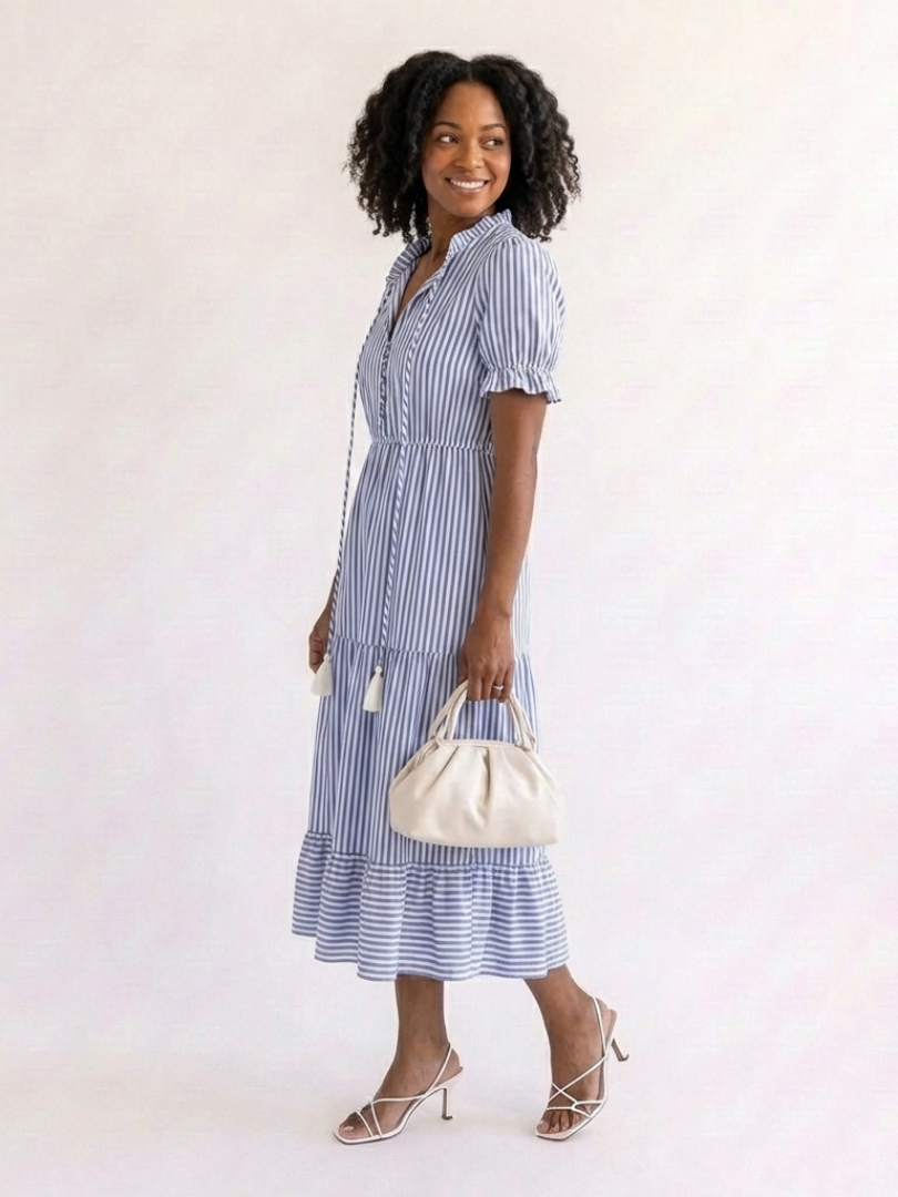 Women's Ruffled V-Neck Midi Dress with Tiered Skirt