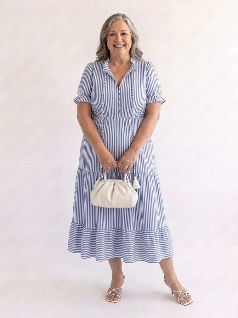 Women's Ruffled V-Neck Midi Dress with Tiered Skirt