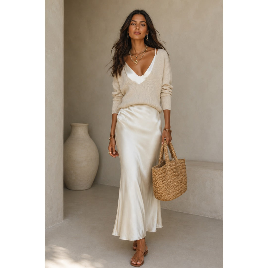 Women's Satin Slip Midi Dress in Soft Finish