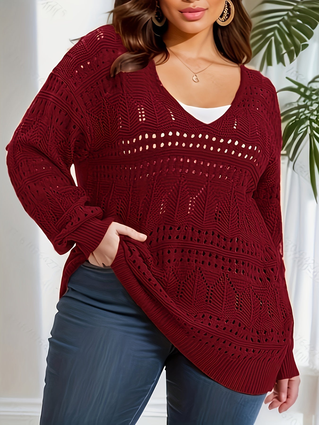 Women's Semi Sheer Knit V Neck Top with Comfortable Fit