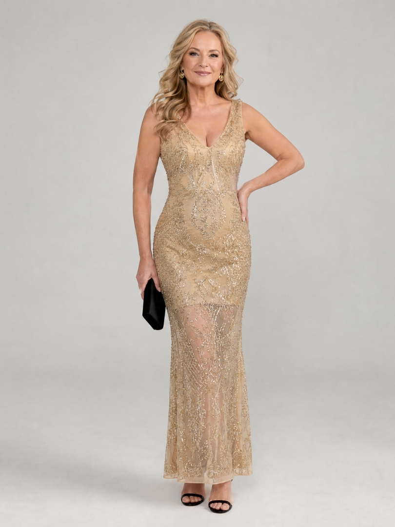 Women's Sequined Midi Dress with Sheer Panel Details
