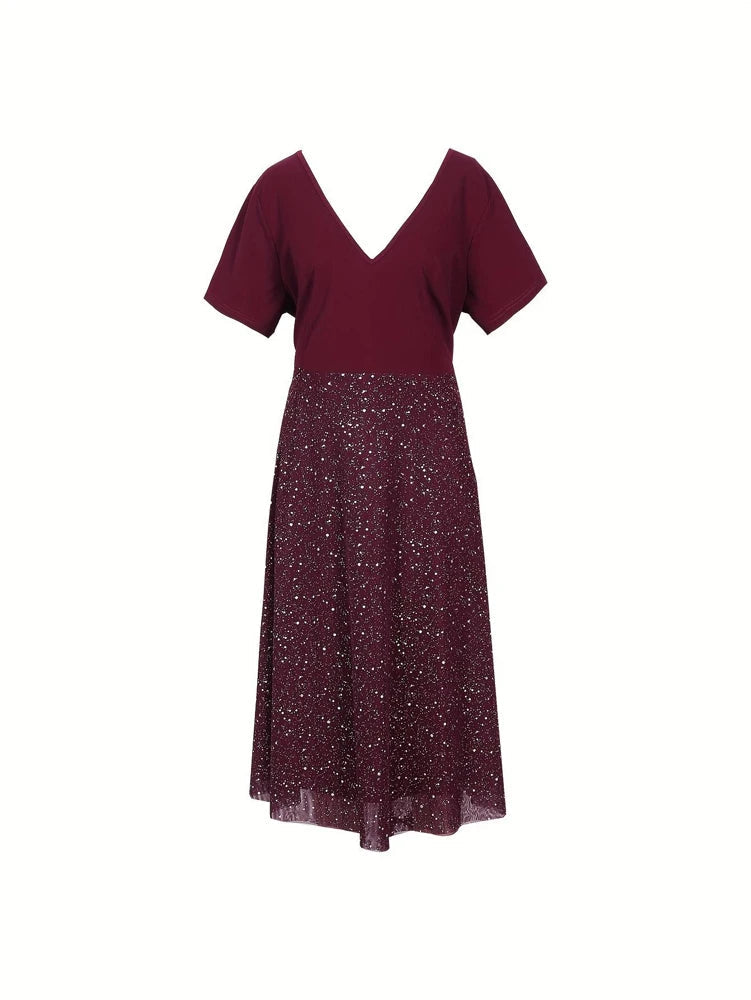 Women's Sequined V-Neck Midi Dress for Special Occasions