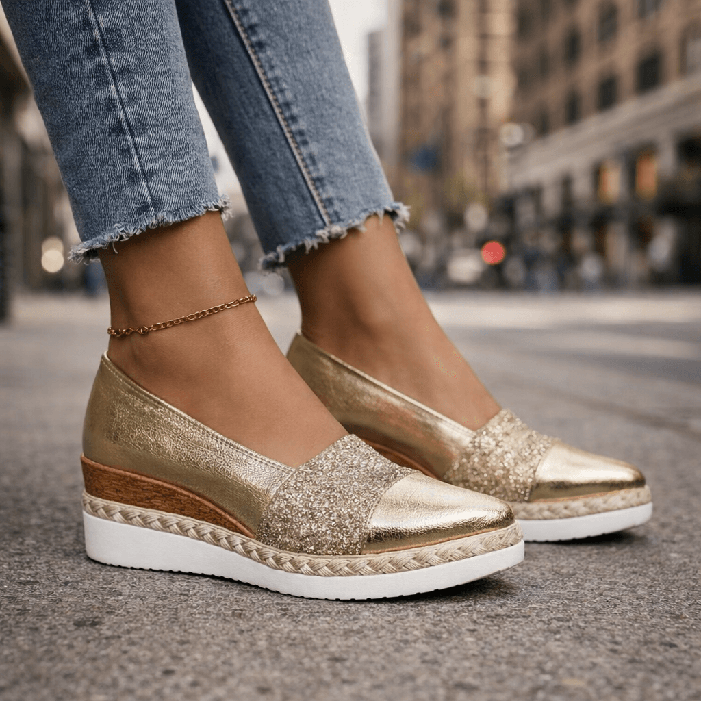 Women's Shimmering Slip-On Wedge Shoes with Lightweight Sole