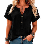 Women's Short Sleeve V-Neck Blouse with Button Placket