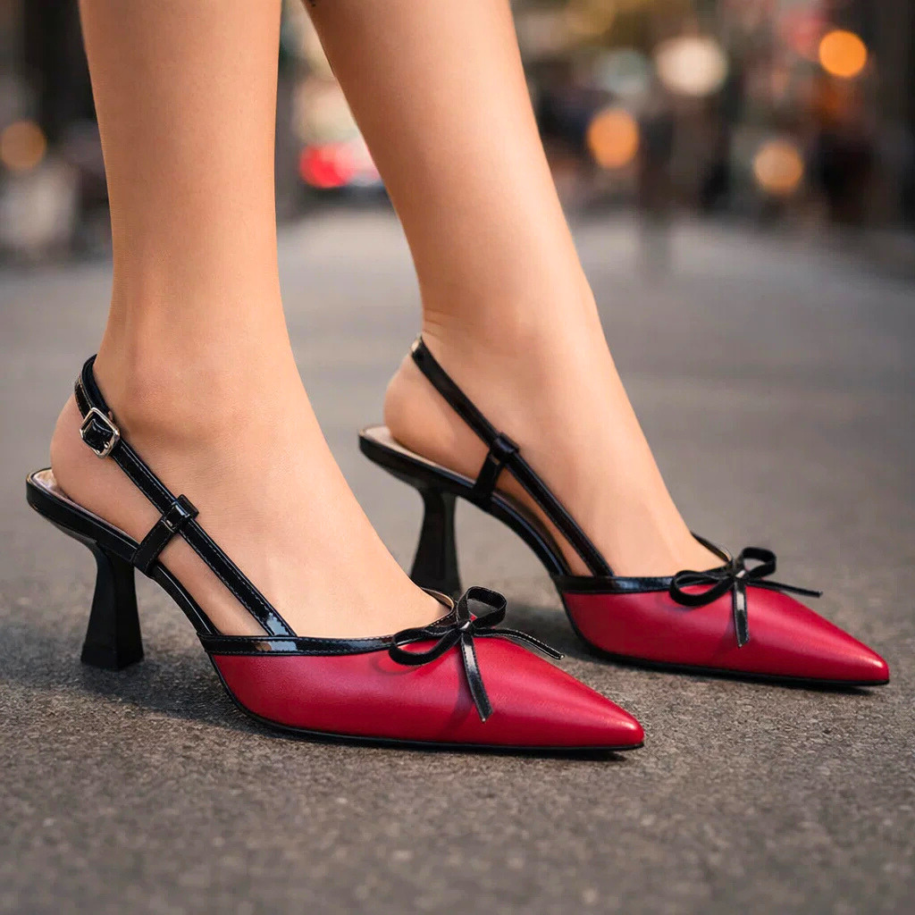 Women's Slingback Heels with Bow Detail and Pointed Toe