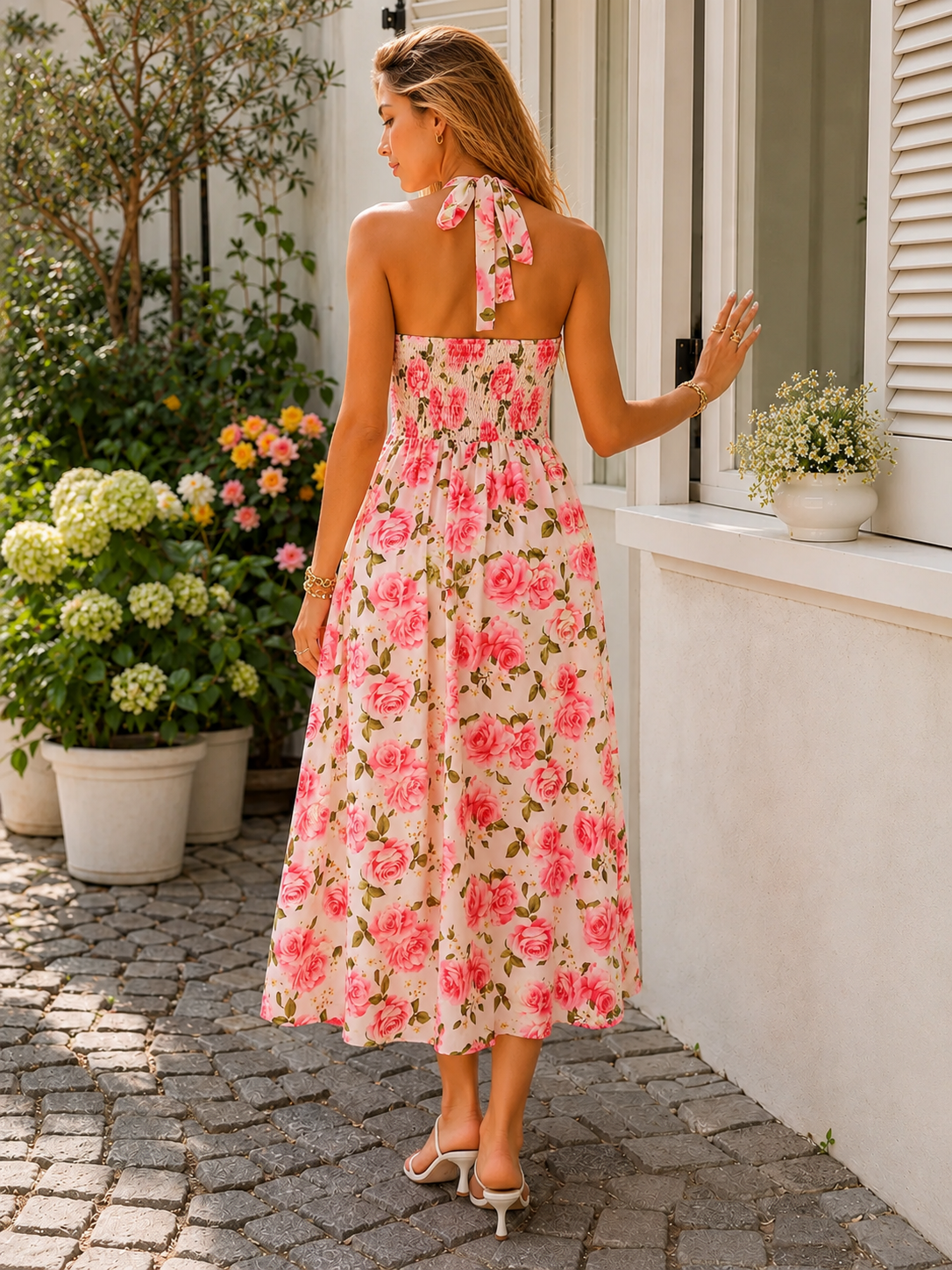 Women's Smocked Midi Dress with Tie Waist