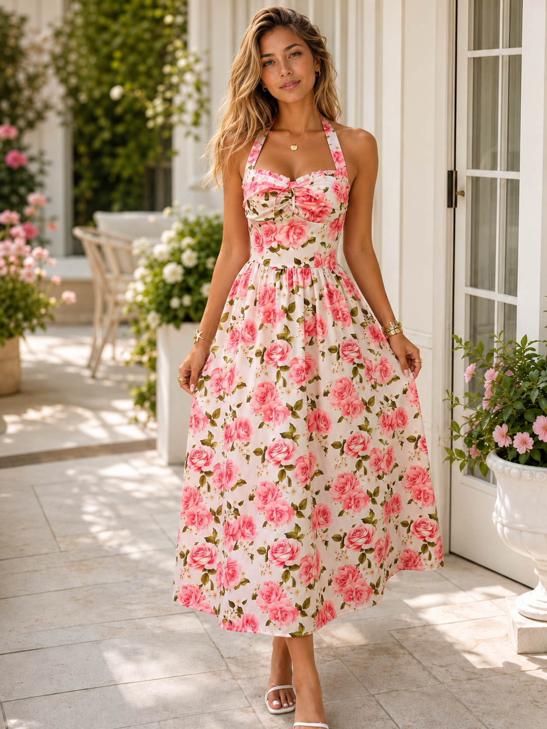 Women's Smocked Midi Dress with Tie Waist