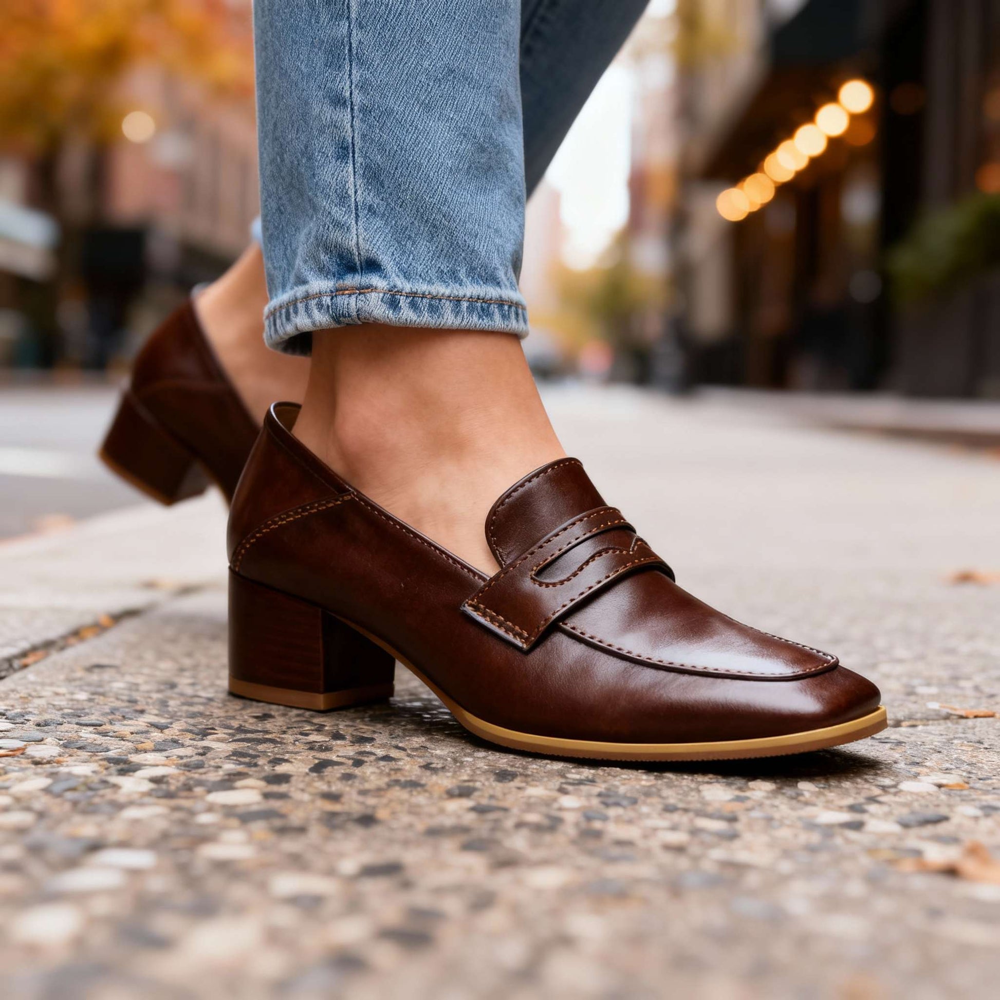 Women's Smooth Faux Leather Classic Loafers with Block Heel