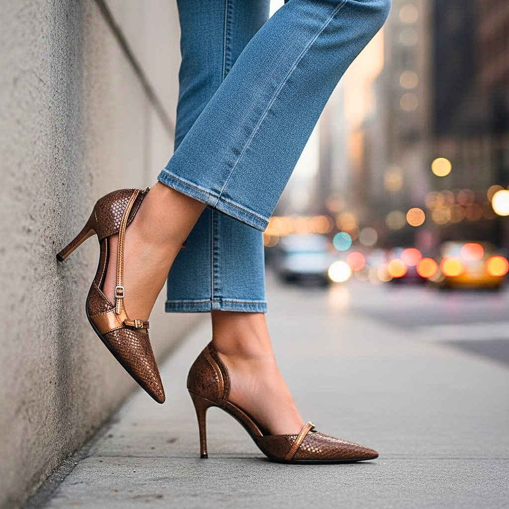 Women's Snakeskin Print Pumps with Buckle Straps