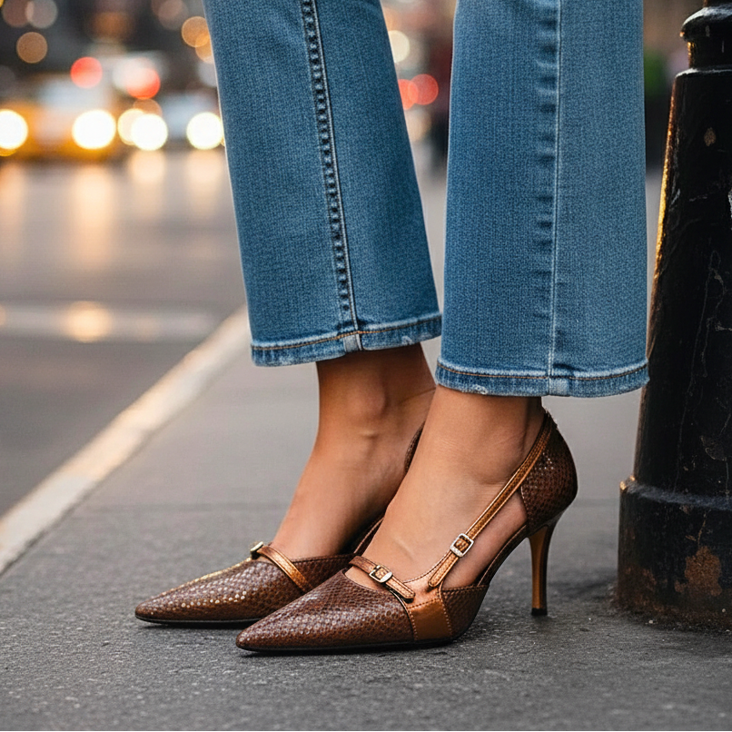 Women's Snakeskin Print Pumps with Buckle Straps