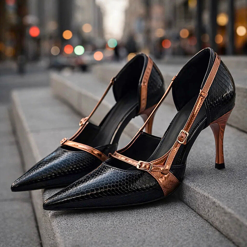 Women's Snakeskin Print Pumps with Buckle Straps
