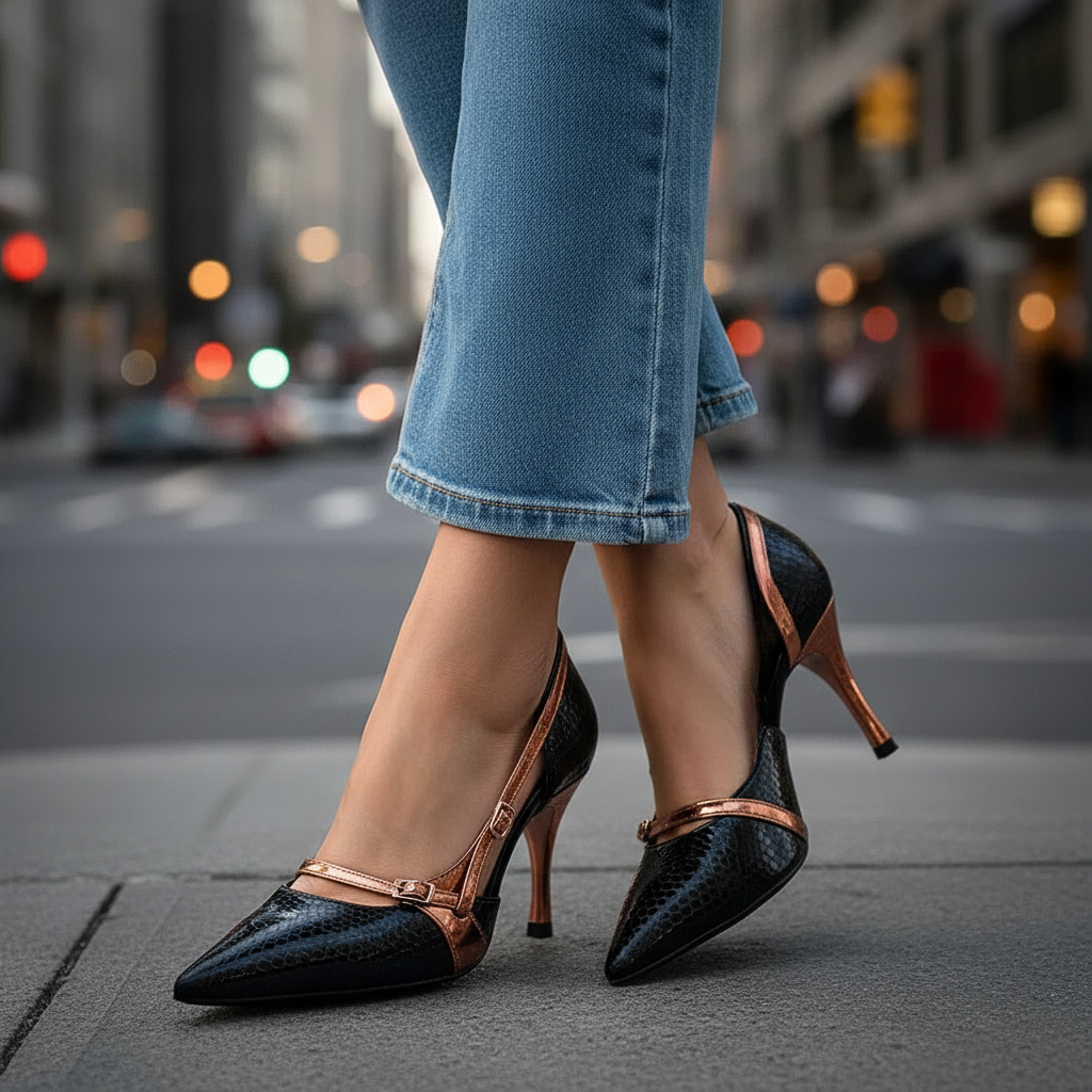 Women's Snakeskin Print Pumps with Buckle Straps