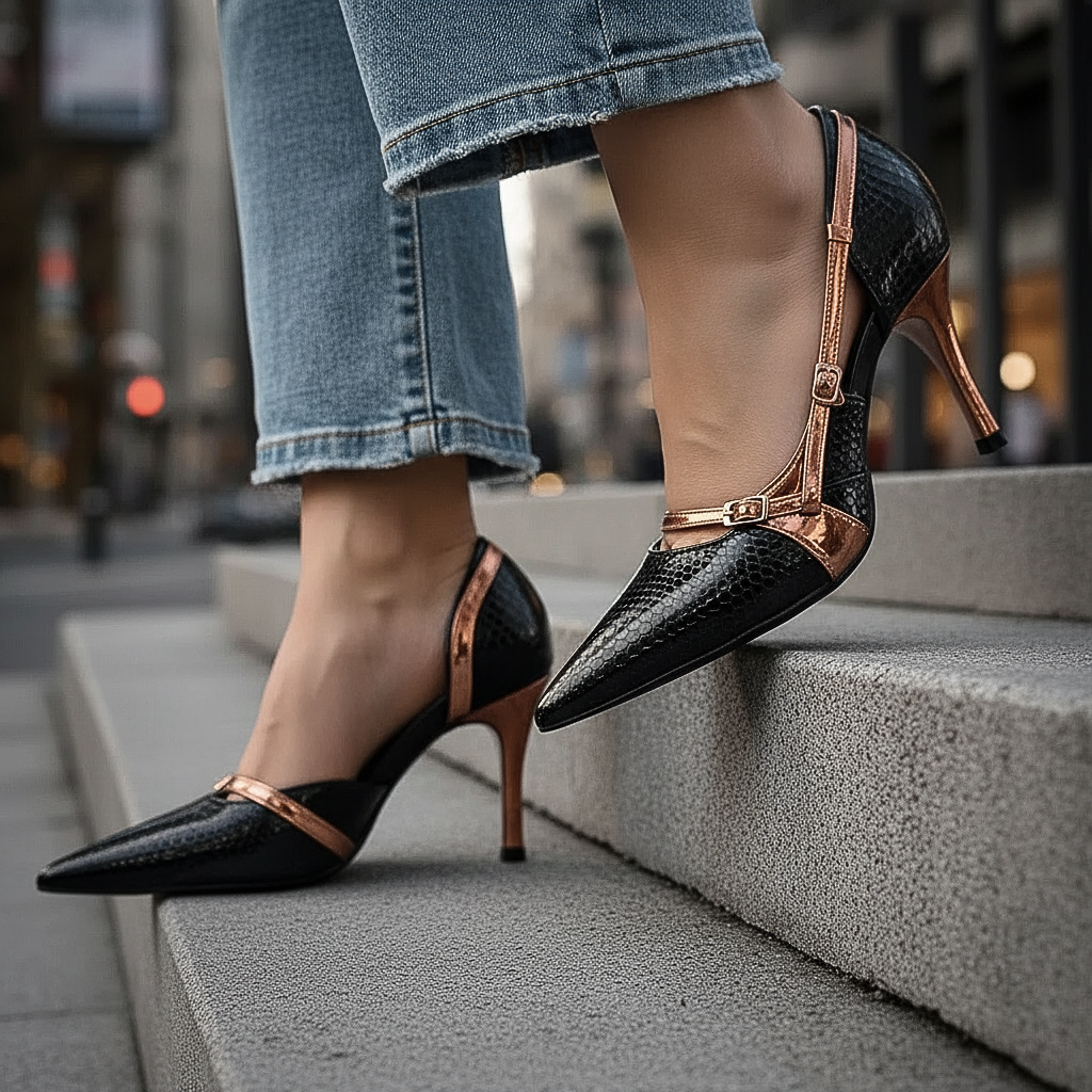 Women's Snakeskin Print Pumps with Buckle Straps