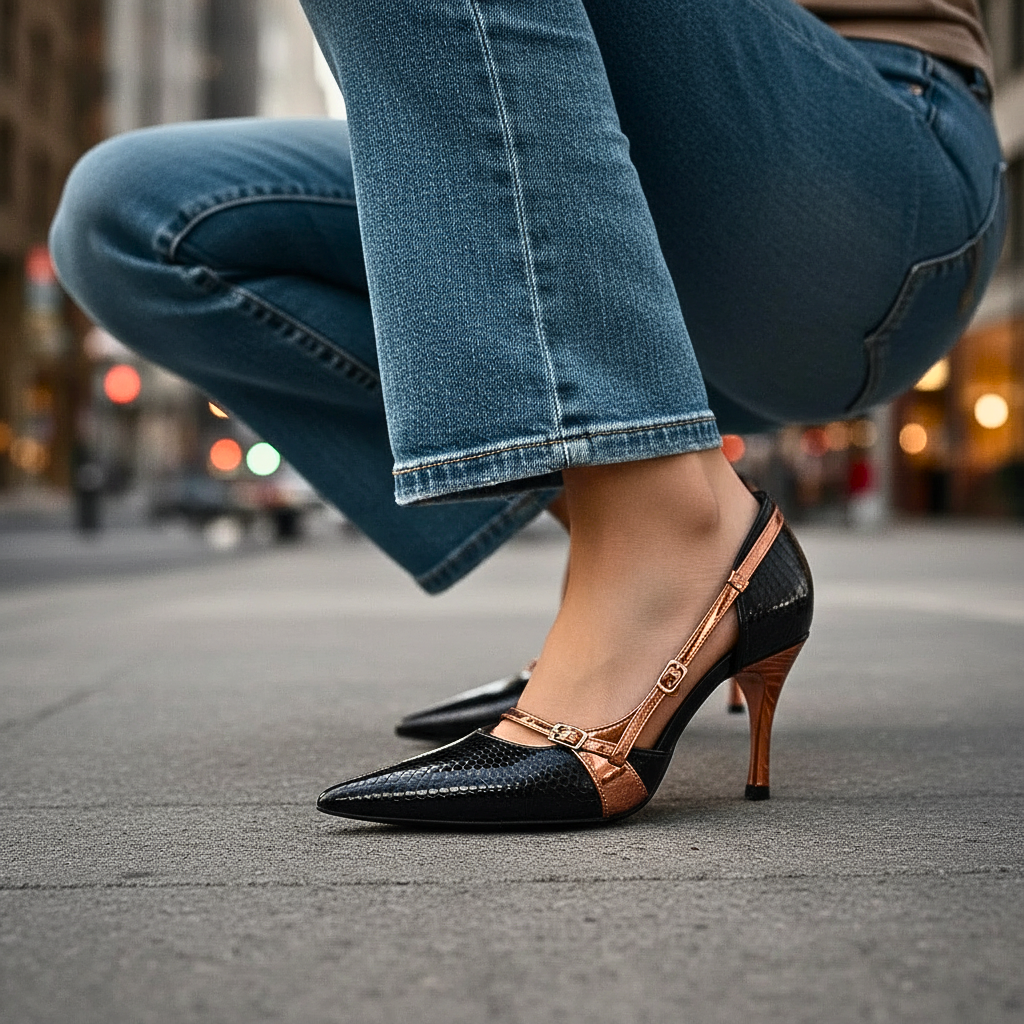 Women's Snakeskin Print Pumps with Buckle Straps