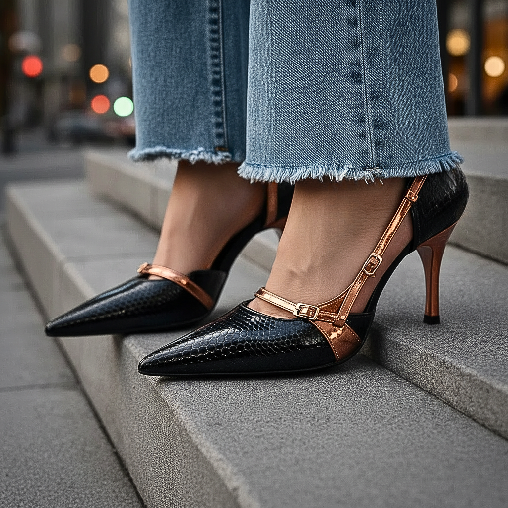 Women's Snakeskin Print Pumps with Buckle Straps
